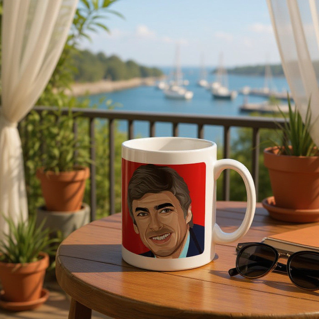 Retrotext Arsenal 2014 FA Cup Winners ceramic mug featuring a portrait of Arsene Wenger on a balcony table.
