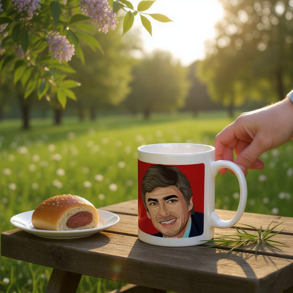 Retrotext Arsenal 1998 Arsene Wenger glossy white ceramic mug on a wooden table in a sunny garden setting