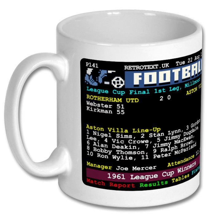 Retrotext Aston Villa 1961 League Cup Winners teletext design on a glossy white 11oz ceramic mug