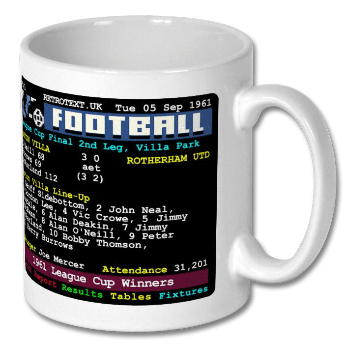 Retrotext Aston Villa 1961 League Cup Winners white ceramic mug featuring a vintage football teletext scoreboard design