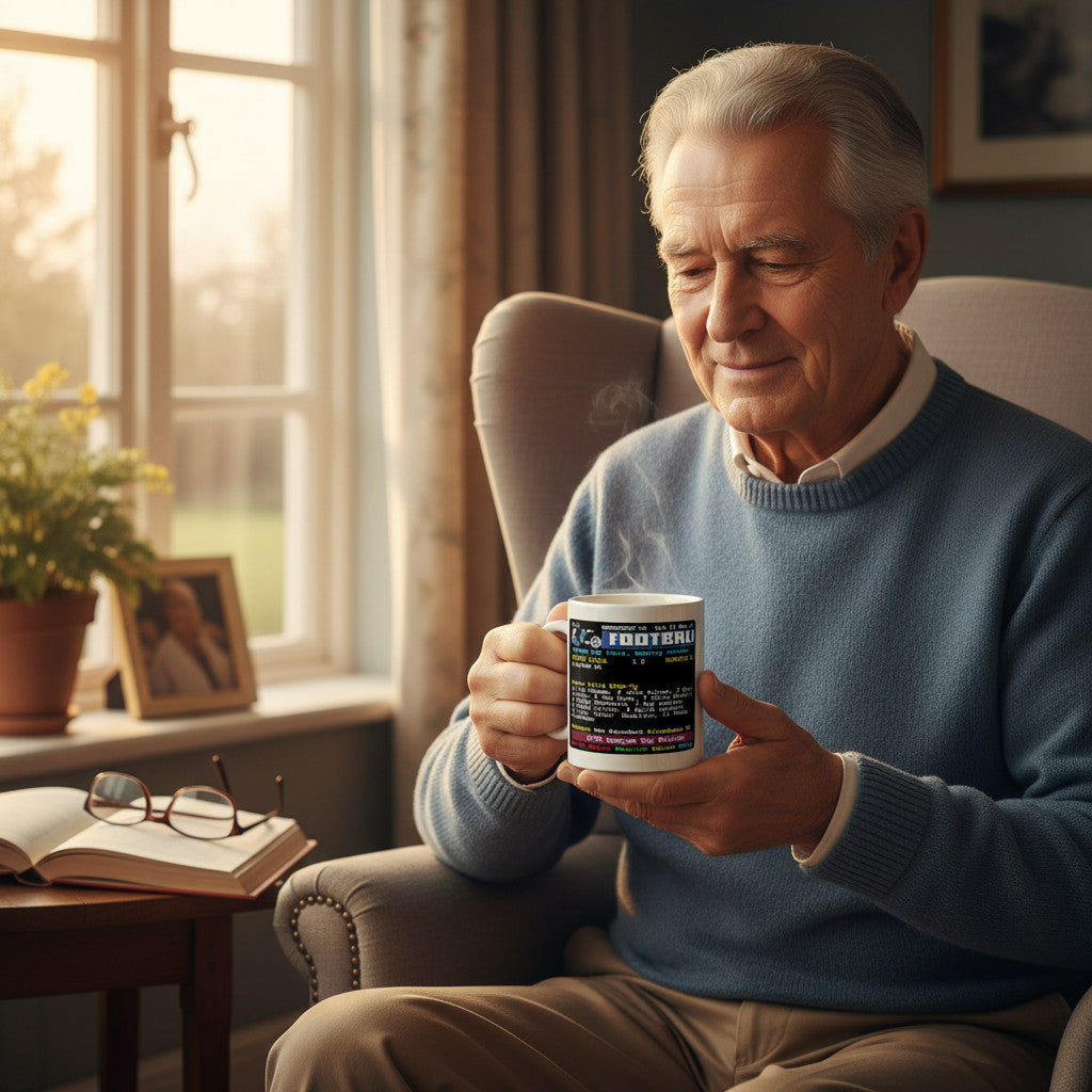 An elderly man holding a Retrotext Aston Villa 1975 League Cup Winners glossy white ceramic mug in a cozy living room.