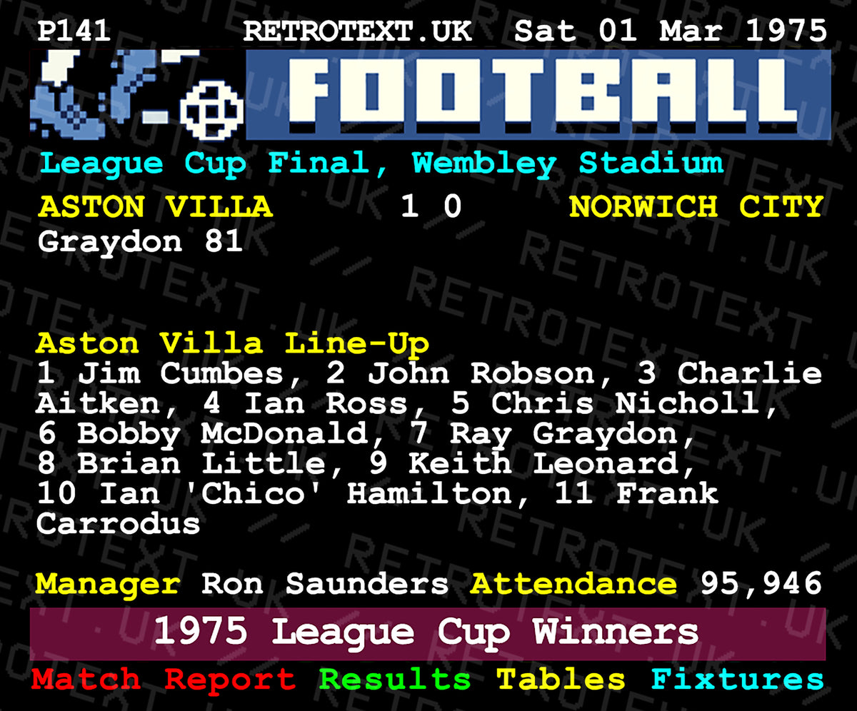 Retrotext Aston Villa 1975 League Cup Winners mug featuring a vintage teletext football match report design.