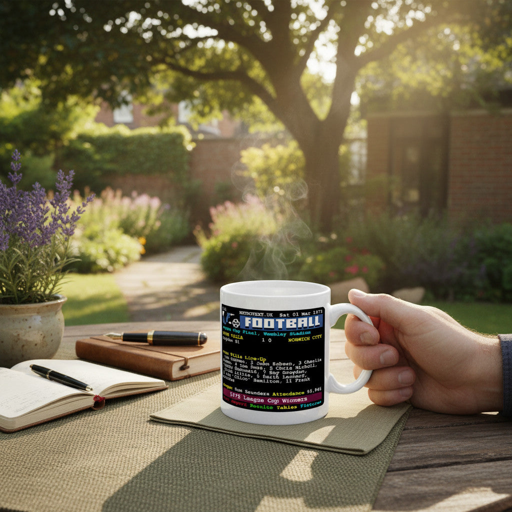 Retrotext Aston Villa 1975 League Cup Winners teletext design mug held in a hand on a sunny garden table.