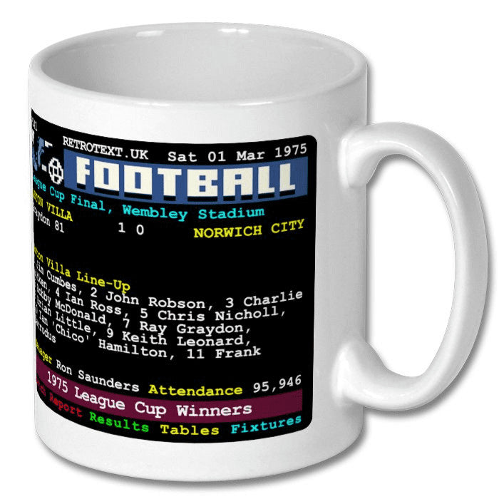 Retrotext white ceramic mug featuring a 1975 Aston Villa League Cup final teletext design with match details