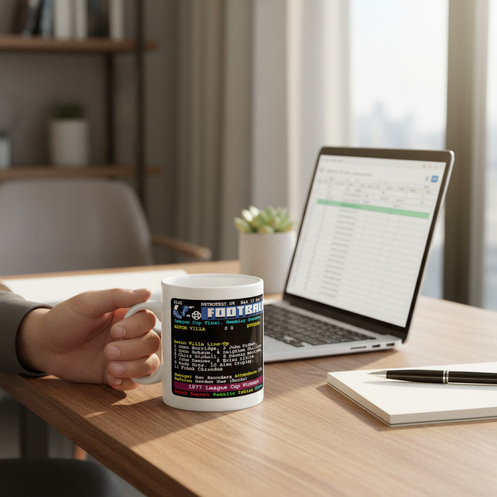 Retrotext Aston Villa 1977 League Cup Winners ceramic mug with retro teletext graphic held in a hand on a desk