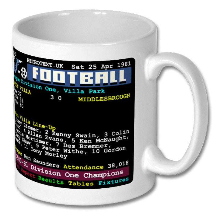 Retrotext white 11oz ceramic mug featuring an Aston Villa 1981 Division One Champions teletext scoreboard design.