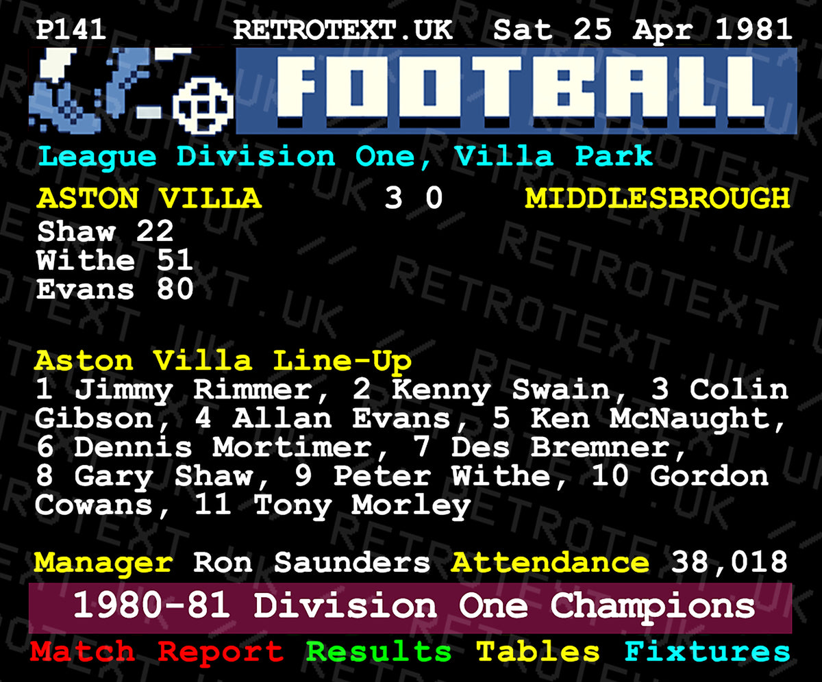 Retrotext Aston Villa 1981 Division One Champions 11oz glossy white mug featuring vintage teletext match report