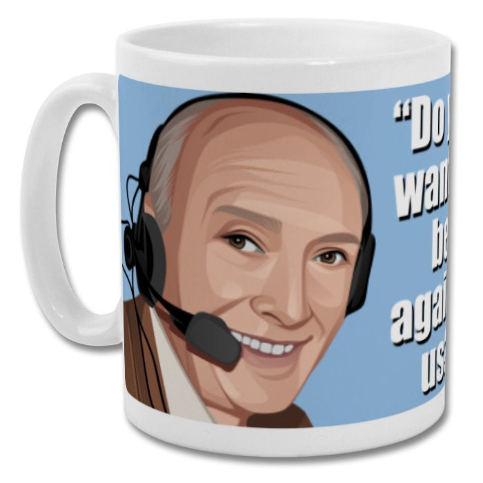 Retrotext Aston Villa 1981 mug featuring a graphic of Ron Saunders with the quote Do you want to bet against us