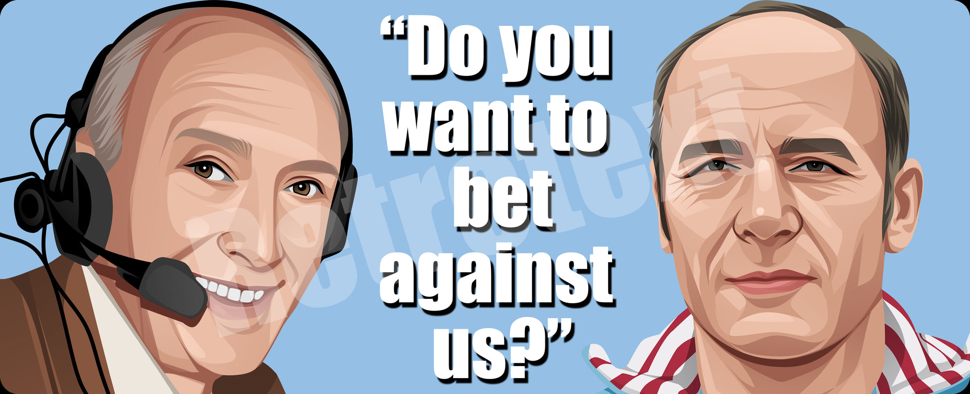 Retrotext Aston Villa 1981 mug featuring illustrations of Barry Davies and Ron Saunders with the quote Do you want to bet against us?