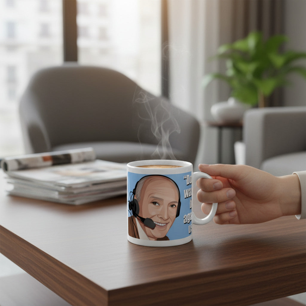 Retrotext Aston Villa 1981 mug featuring Ron Saunders illustration and quote held in hand on a wooden table