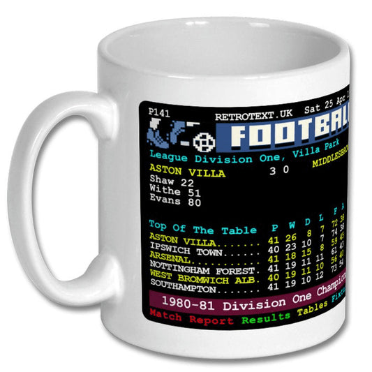 Retrotext white 11oz ceramic mug featuring a vintage 1981 Aston Villa Division One Champions teletext scoreboard