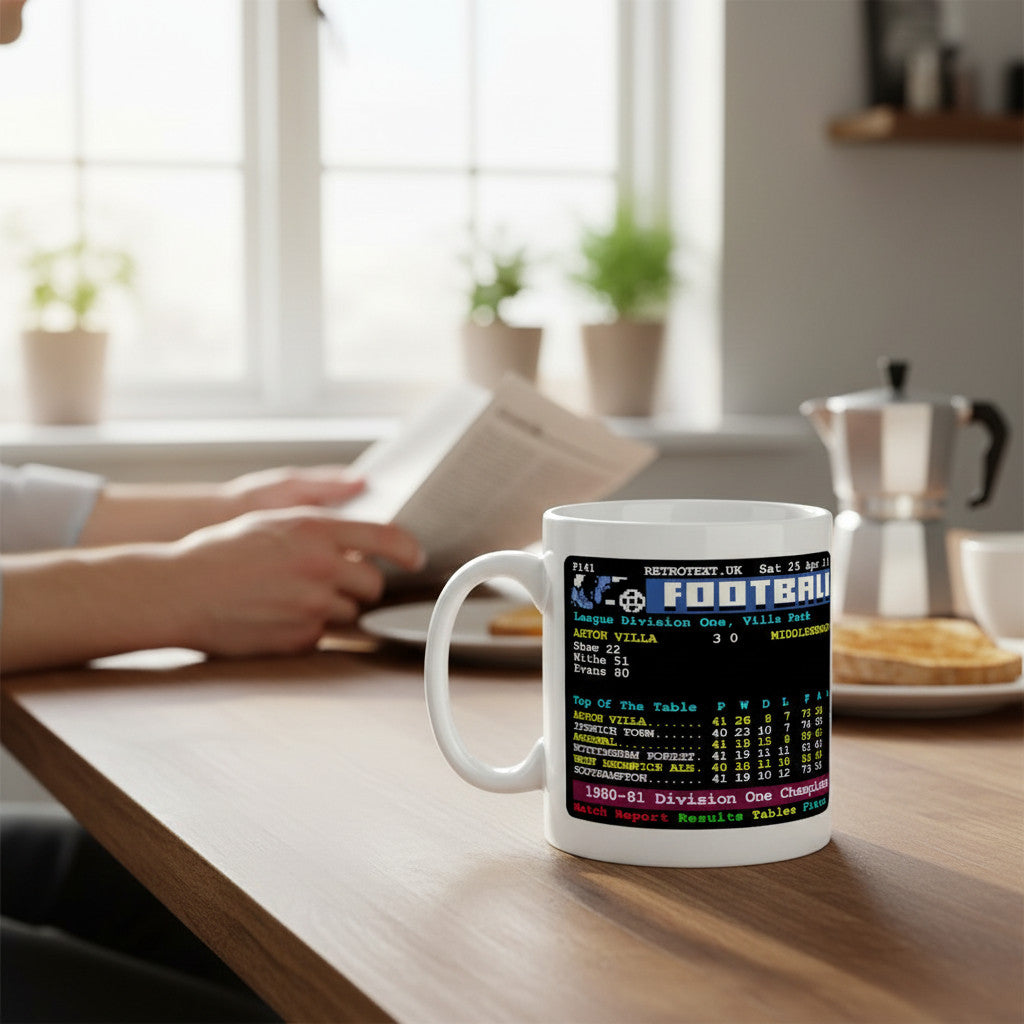 Retrotext Aston Villa 1981 Division One Champions teletext mug on a wooden table with a blurred background.