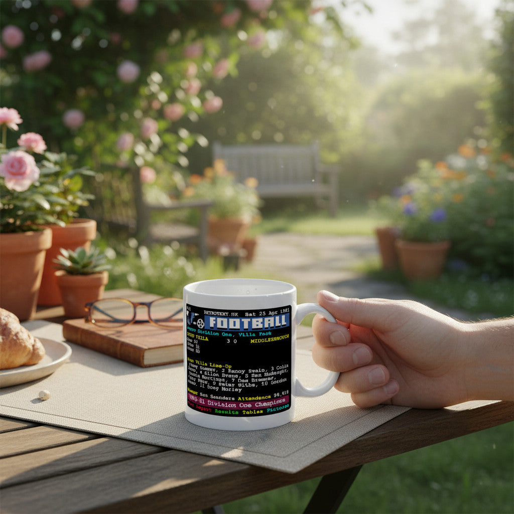 Retrotext Aston Villa 1981 Division One Champions teletext mug held in a hand on a sunny garden patio table.