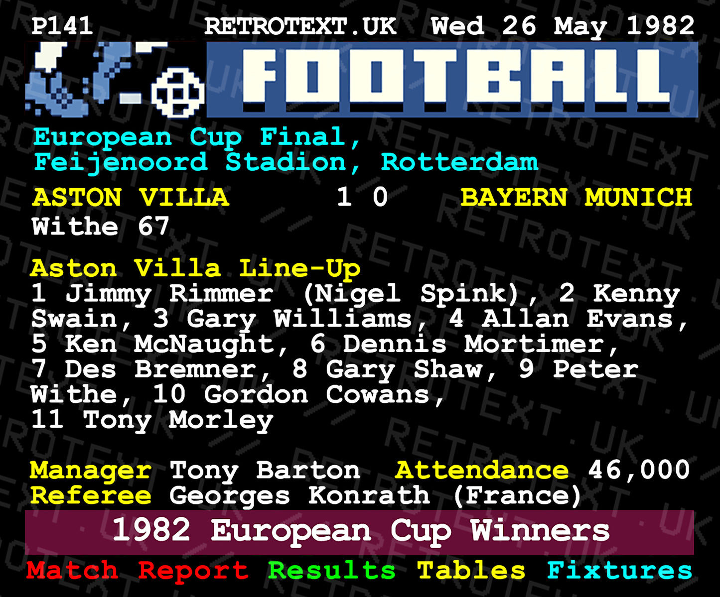 Retrotext Aston Villa 1982 European Cup final teletext design on a glossy white 11oz ceramic mug