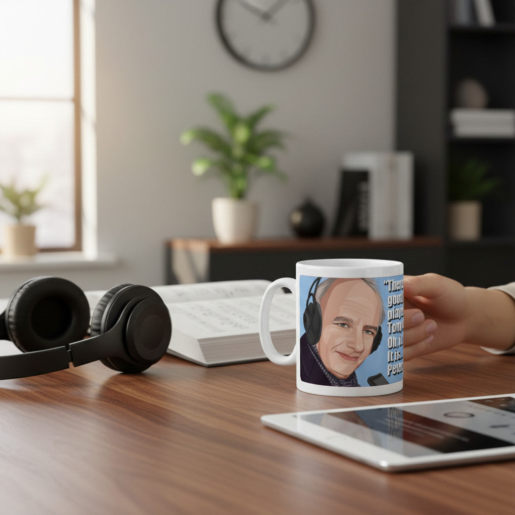 Retrotext Aston Villa 1982 ceramic mug featuring Brian Moore illustration on a desk with headphones and tablet