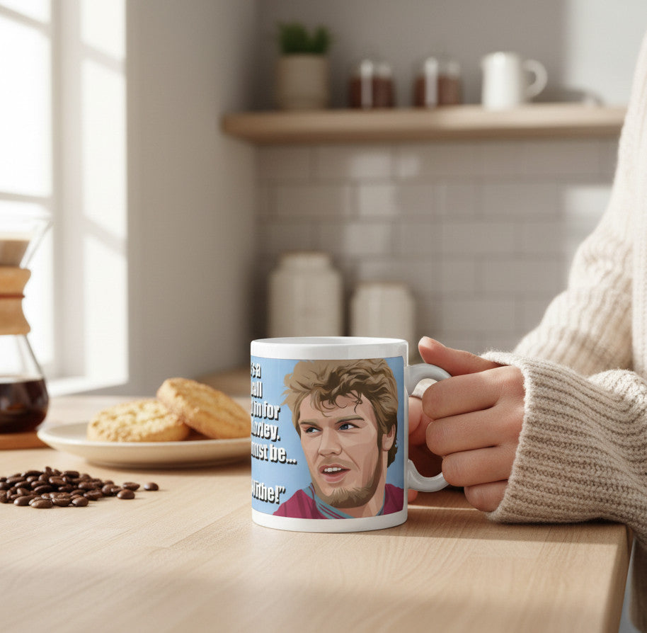 Retrotext Aston Villa 1982 ceramic mug featuring Peter Withe illustration and iconic commentary on a wooden table