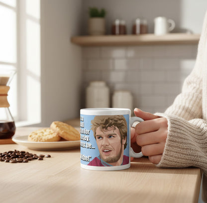 Retrotext Aston Villa 1982 ceramic mug featuring Peter Withe illustration and iconic commentary on a wooden table