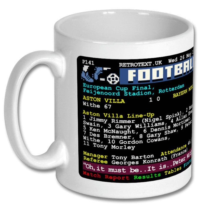 Retrotext Aston Villa 1982 European Cup final Teletext design on a glossy white 11oz ceramic coffee mug