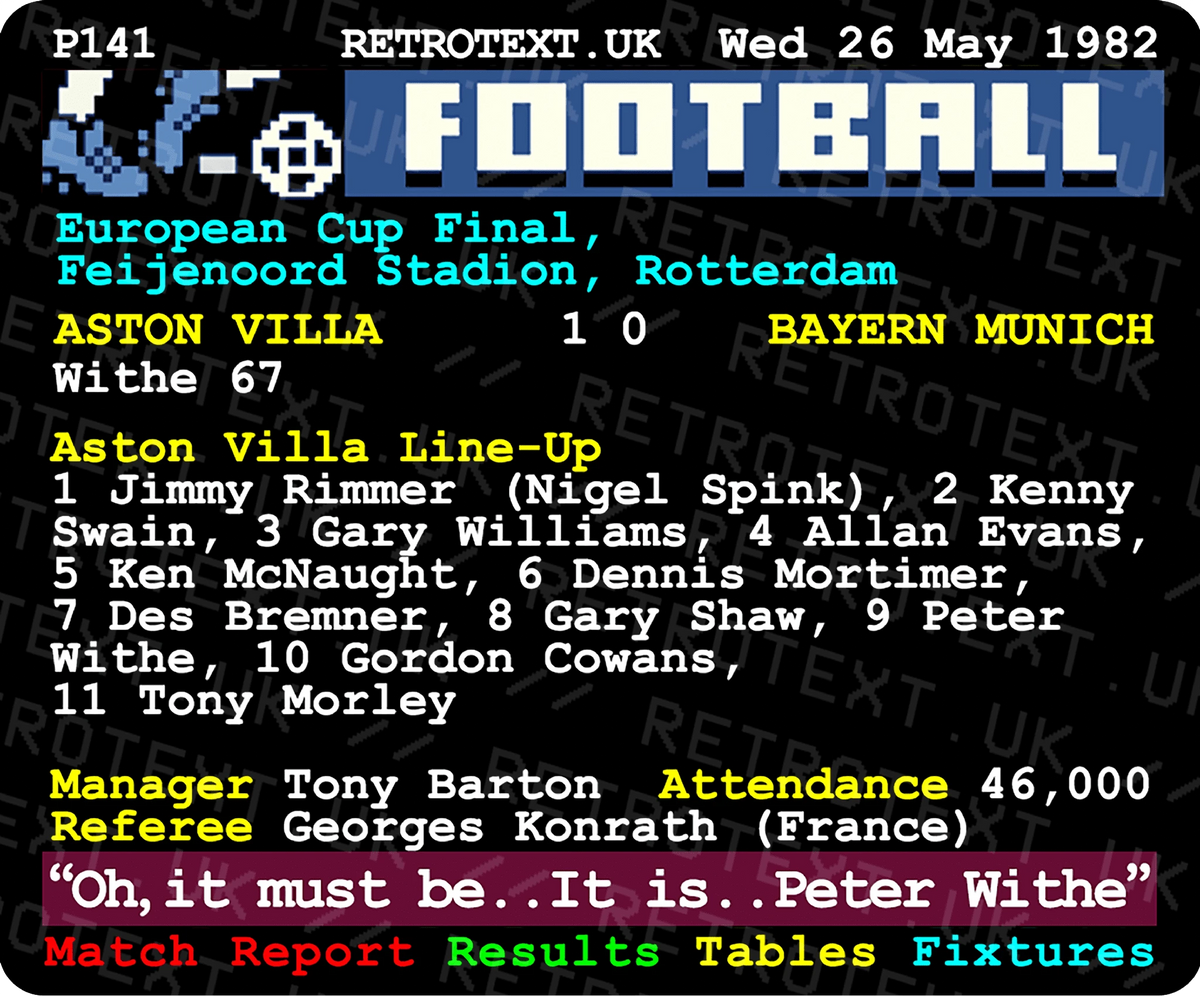 Retrotext Aston Villa 1982 European Cup final Teletext design mug featuring match details and iconic commentary