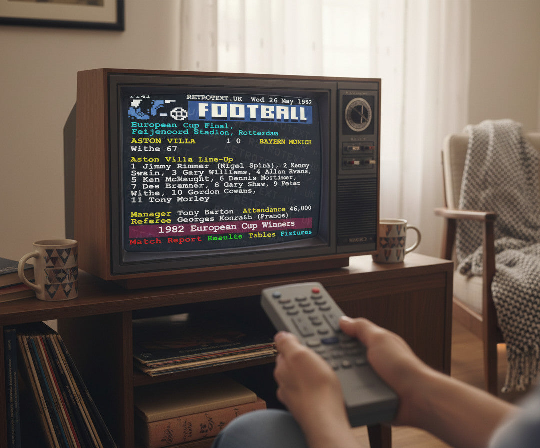 Retrotext Aston Villa 1982 European Cup Winners mug featuring a vintage teletext football score design on a desk