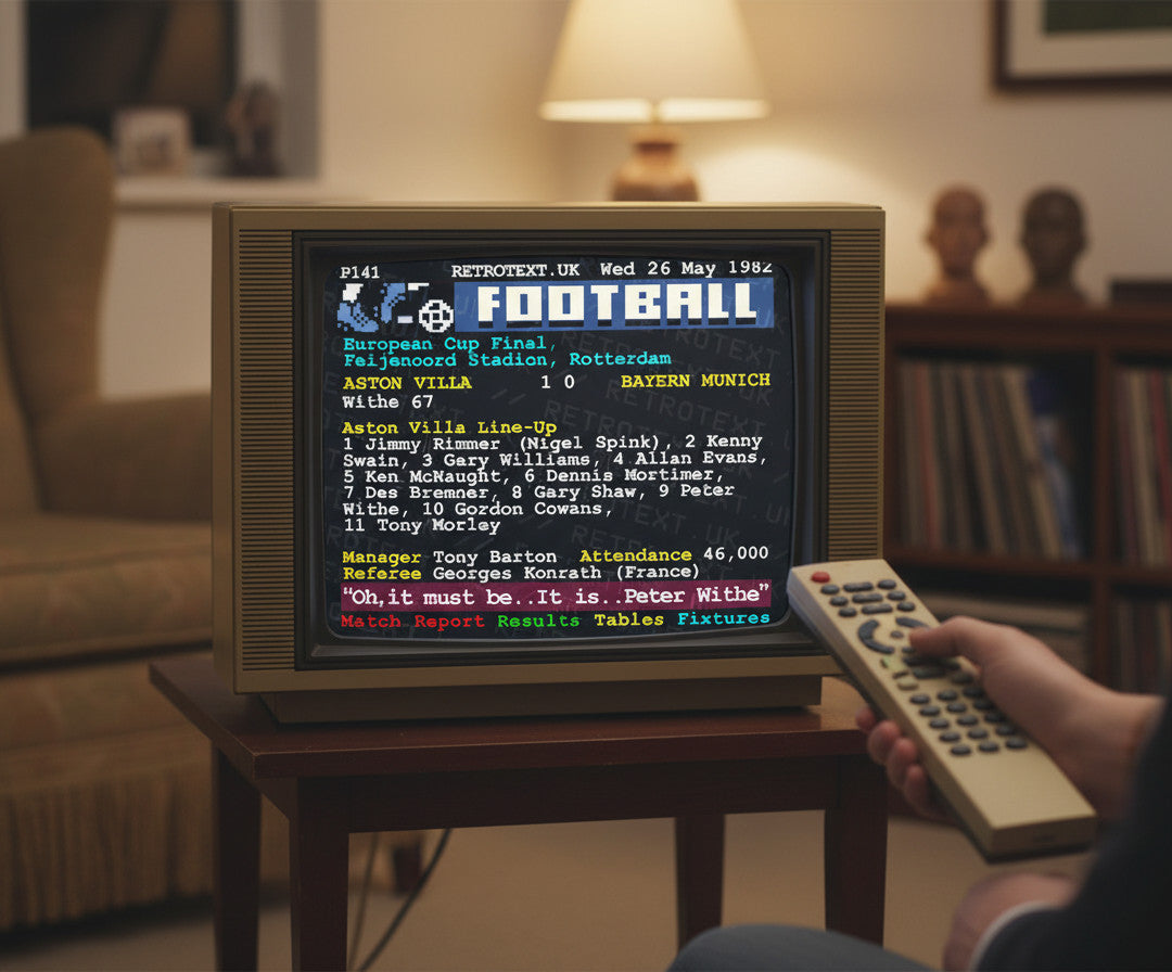 Retrotext Aston Villa 1982 European Cup Teletext mug featuring the iconic Peter Withe goal commentary on a TV screen