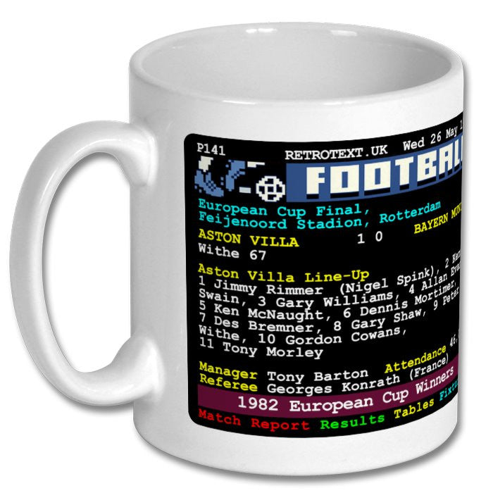 Retrotext white ceramic mug featuring an Aston Villa 1982 European Cup final teletext match report design.