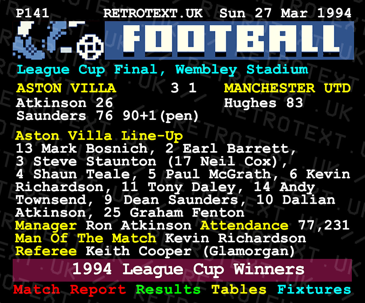 Retrotext Aston Villa 1994 League Cup final teletext mug featuring match details and line-up in vintage pixel style