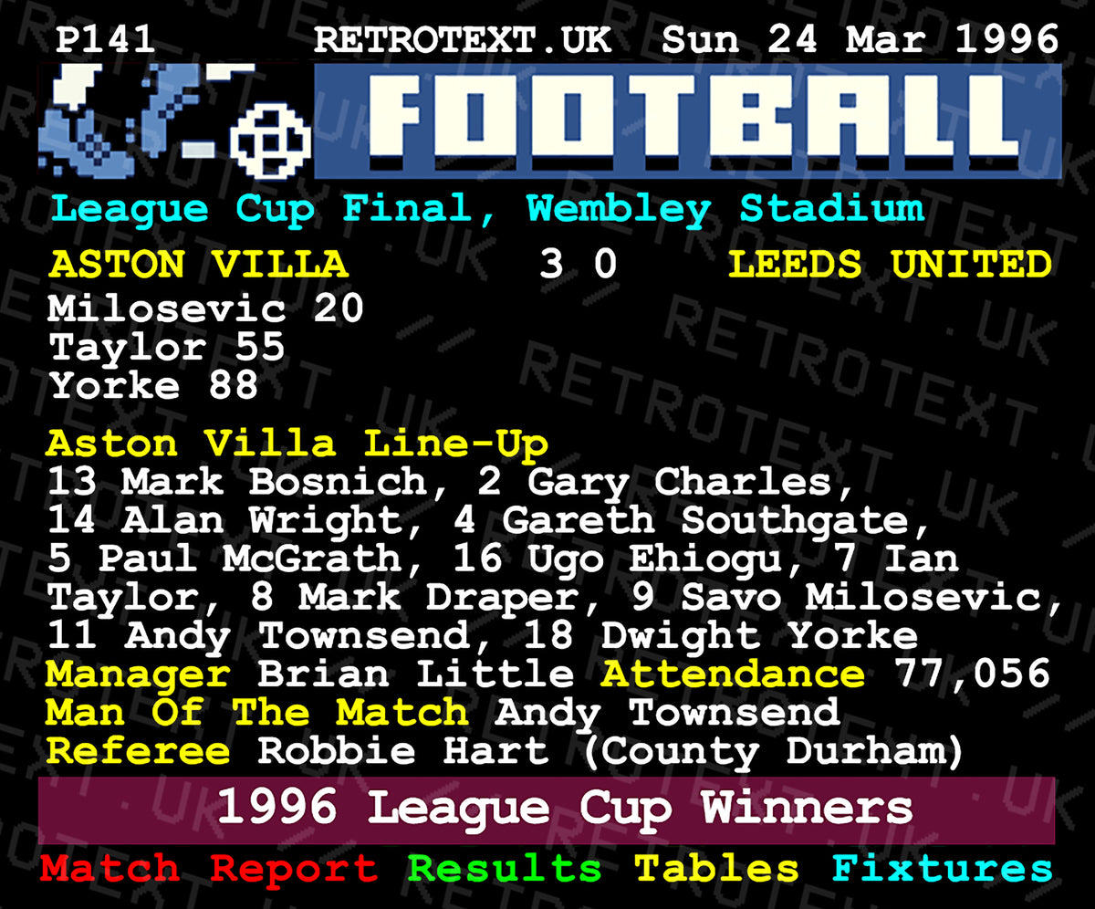Retrotext Aston Villa 1996 League Cup final teletext design mug featuring match stats and line-up details