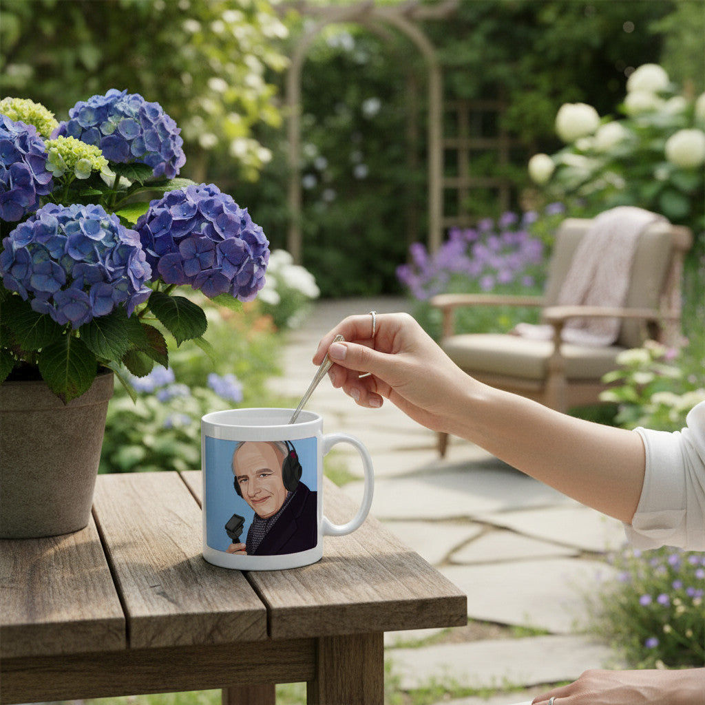 Retrotext Aston Villa 1982 Brian Moore mug on a wooden garden table next to blue hydrangea flowers