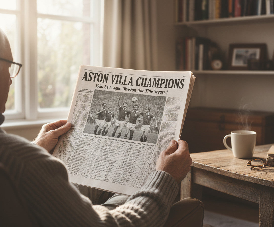 Retrotext Aston Villa 1981 Division One Champions mug on a desk next to a man reading a newspaper