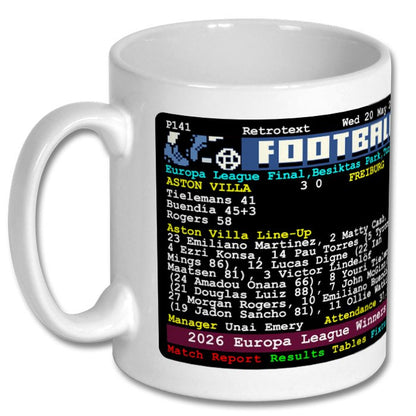 Retrotext Aston Villa 2026 Europa League winners ceramic mug featuring a retro teletext graphic and Unai Emery