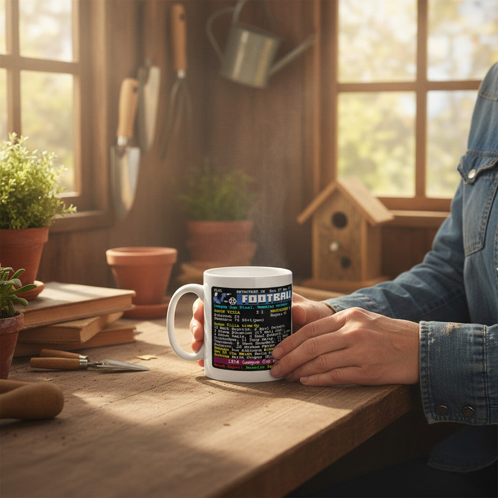 Retrotext Aston Villa 1994 and 1996 League Cup winners ceramic mug featuring vintage teletext match details