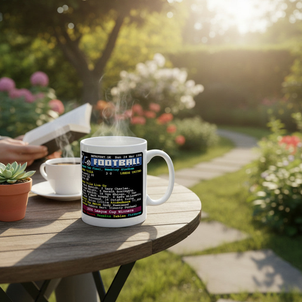 Retrotext Aston Villa 1994 and 1996 League Cup winners ceramic mug with teletext match details on a garden table.