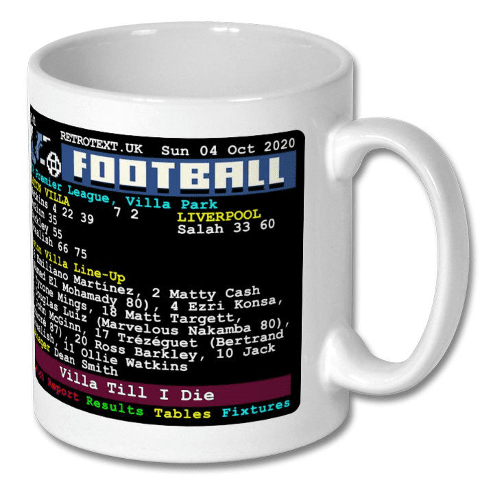 Retrotext white ceramic mug featuring the Aston Villa 7-2 Liverpool Premier League teletext match score graphic.
