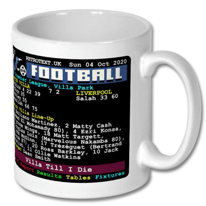 Retrotext white ceramic mug featuring the Aston Villa 7-2 Liverpool Premier League teletext match score graphic.