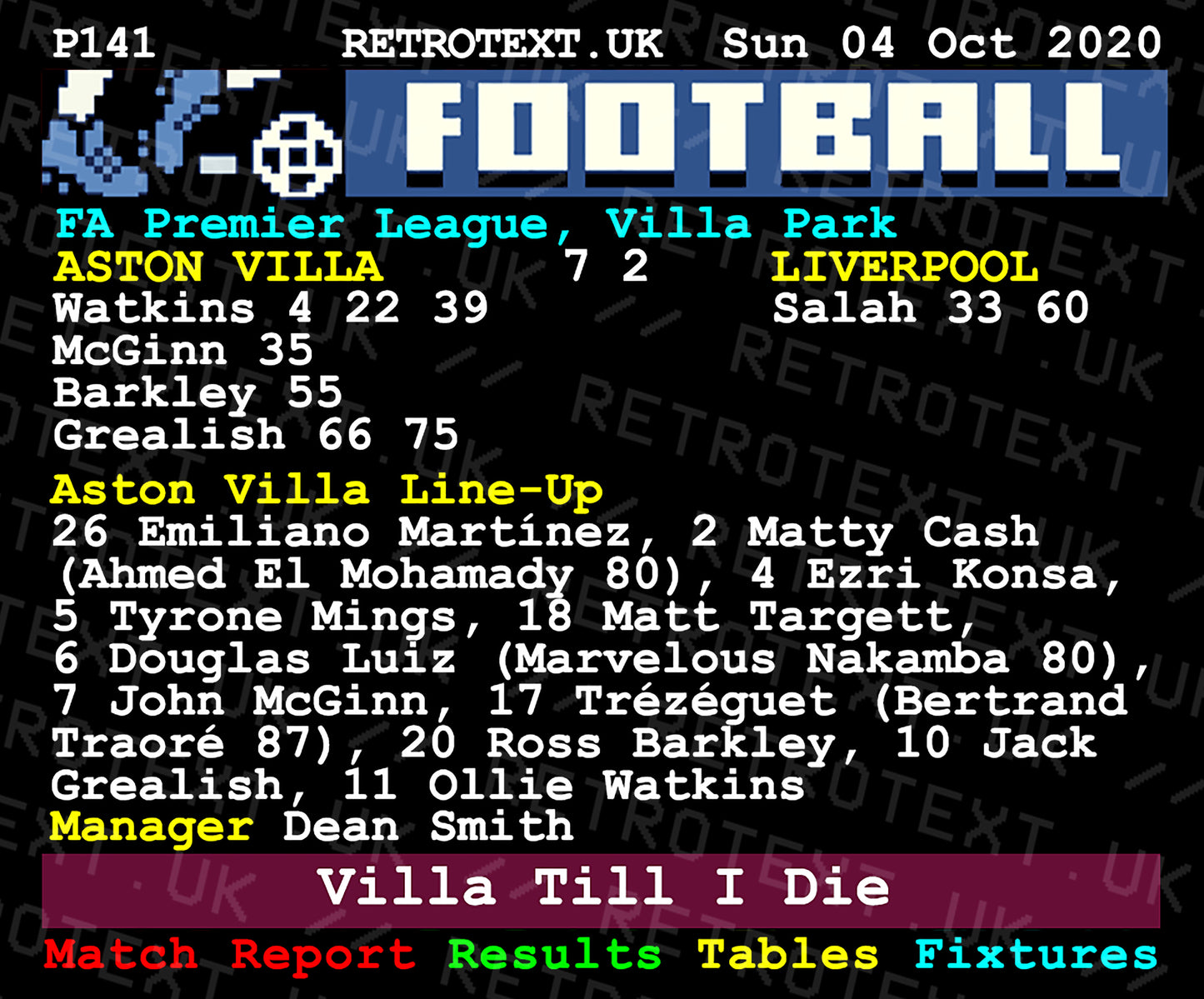 Retrotext Aston Villa 7-2 Liverpool teletext style ceramic mug featuring the historic 2020 Premier League match score.