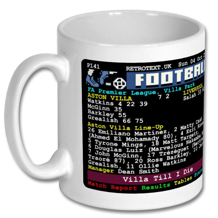 Retrotext white 11oz ceramic mug featuring the Aston Villa 7-2 Liverpool teletext match report design.
