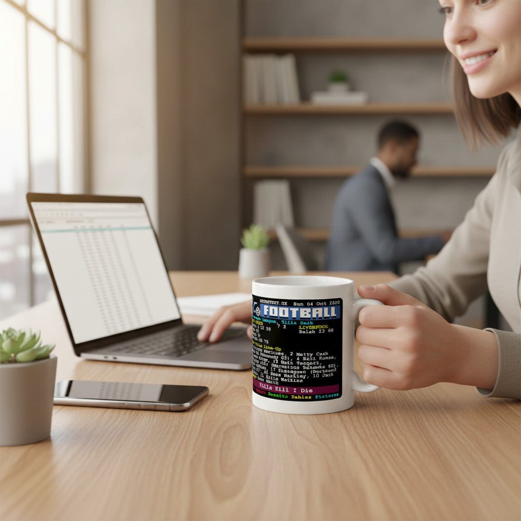 Retrotext Aston Villa 7-2 Liverpool 2020 teletext score mug held by a woman at a desk with a laptop