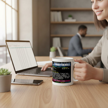 Retrotext Aston Villa 7-2 Liverpool 2020 teletext score mug held by a woman at a desk with a laptop