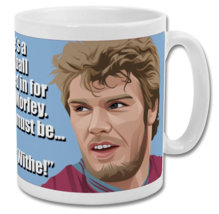 Retrotext Aston Villa 1982 Peter Withe ceramic mug featuring iconic commentary and player illustration