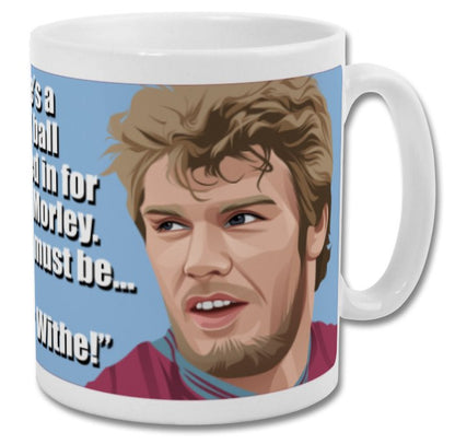 Retrotext Aston Villa 1982 Peter Withe ceramic mug featuring iconic commentary and player illustration