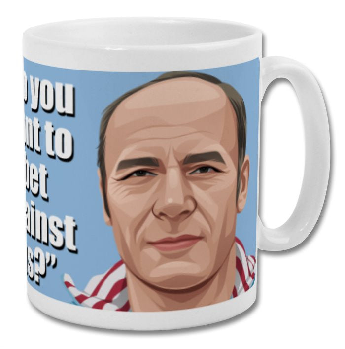 Retrotext Aston Villa 1981 Ron Saunders quote mug with a glossy white finish and blue wraparound graphic design.