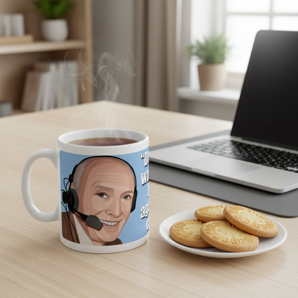 Retrotext Aston Villa 1981 Ron Saunders mug with glossy white finish featuring a quote on a desk with a laptop