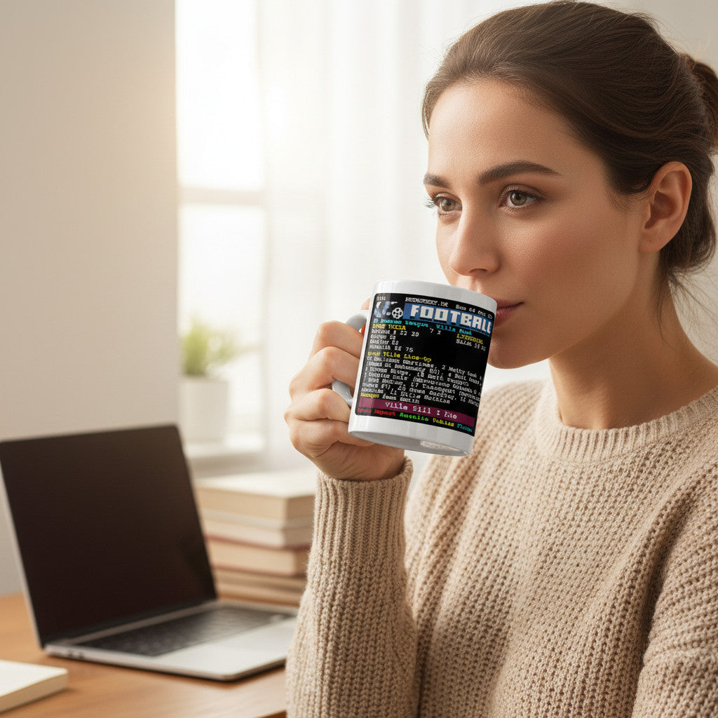Woman drinking from a Retrotext Aston Villa 7-2 victory teletext mug while sitting at a desk with a laptop.