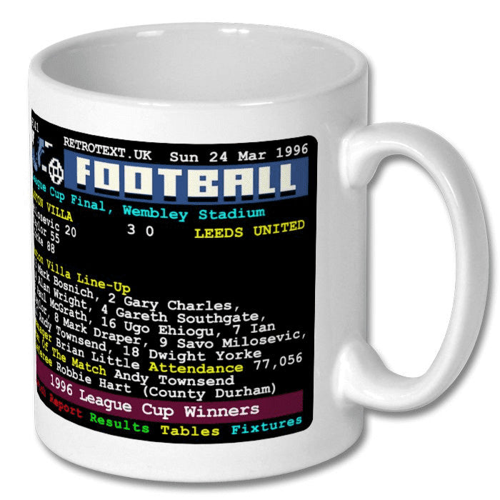 Retrotext Aston Villa 1996 League Cup final teletext design ceramic mug with match details and team line-up