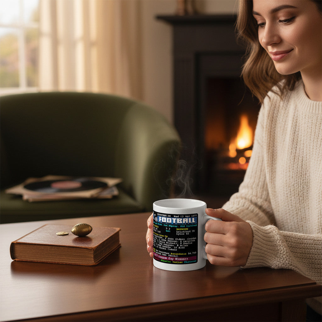 Retrotext Aston Villa 1977 League Cup Winners ceramic mug with teletext graphic held by a woman in a cozy room