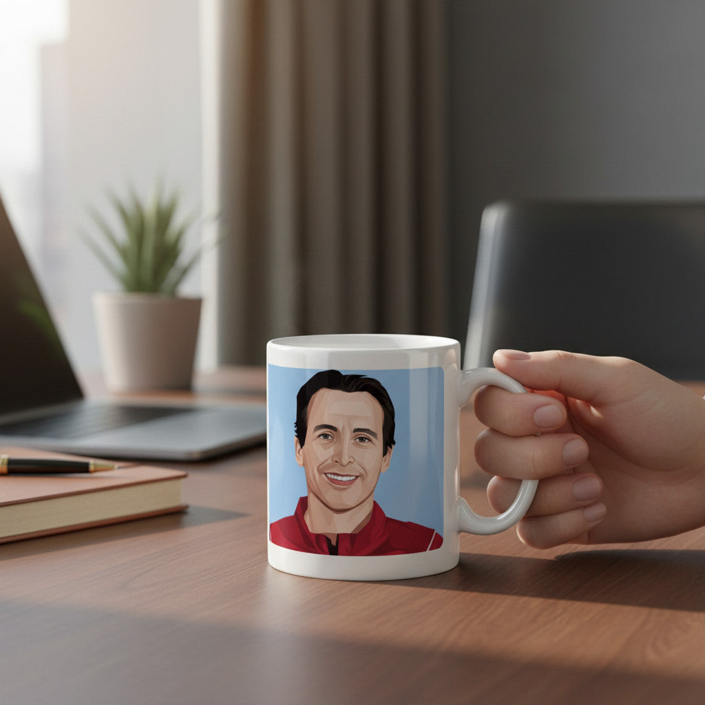 Retrotext Aston Villa 2026 Europa League winners ceramic mug featuring a portrait of manager Unai Emery