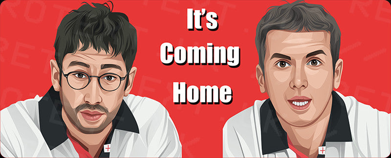 Retrotext mug featuring Baddiel and Skinner illustrations with It's Coming Home text on a red background