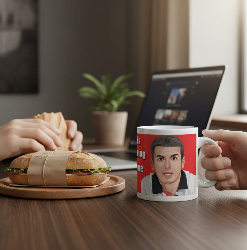Retrotext 11oz glossy white mug featuring Baddiel and Skinner Euro 96 It's Coming Home design held at a desk