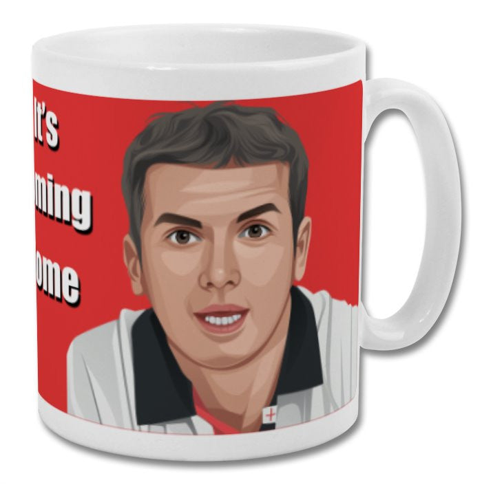 Retrotext 11oz glossy white ceramic mug featuring a Baddiel and Skinner Euro 96 It's Coming Home illustration